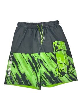 Minecraft Creeper Boys Swim Trunks Green Gray Board Shorts Drawstring Size 8